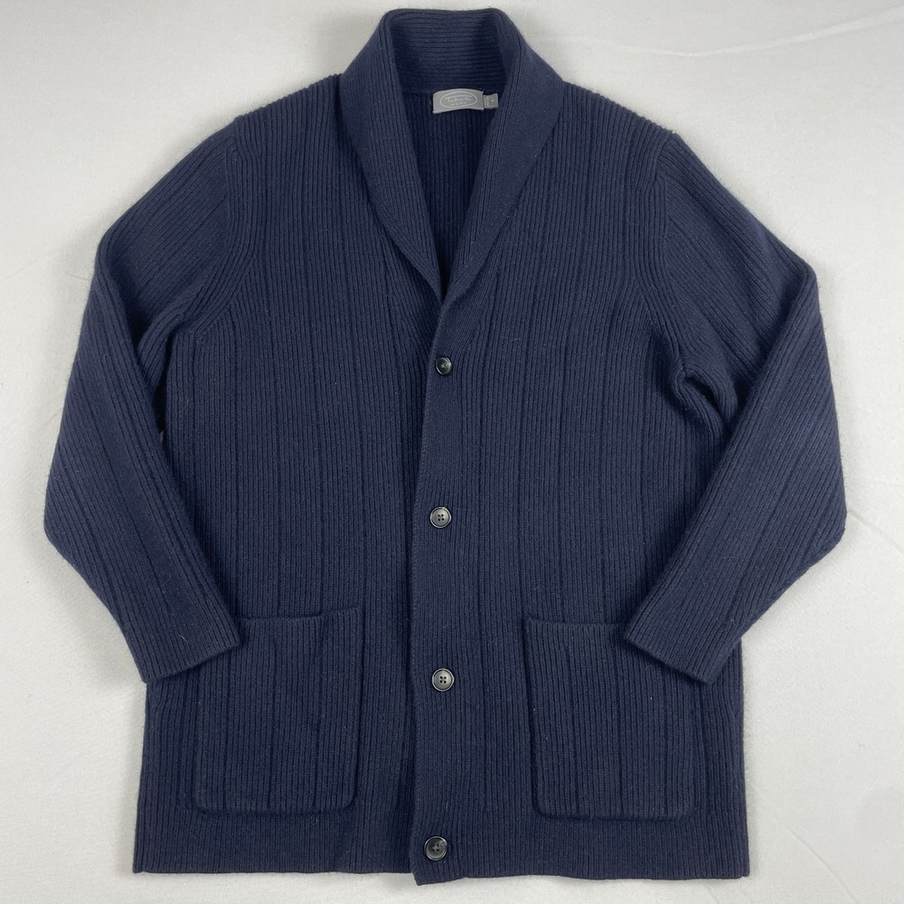 Talbots Mens Merino Wool Angora Shawl Collar Ribbed Cardigan Sweater Navy Blue S